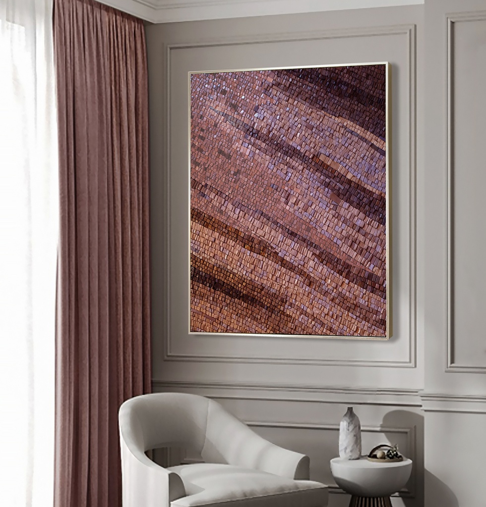Large Plum and Copper Mosaic Wall Art – Abstract Geometric Striped Pattern in Warm Earth Tones