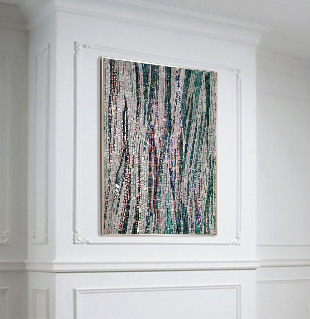 Large Teal and Copper Mosaic Wall Art – Abstract Interwoven Lines on Neutral Background