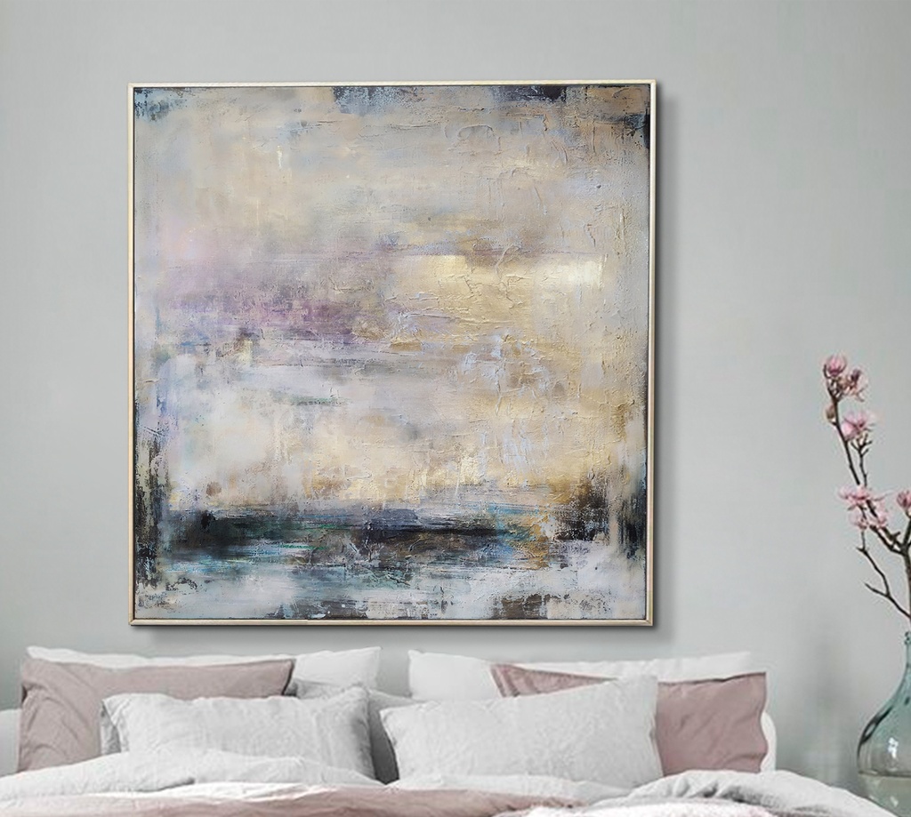 Modern wall art for bedroom, large neutral tones painting with lavender color