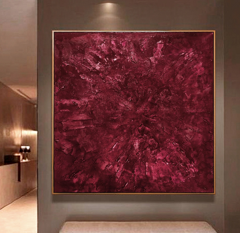 Ruby red painting on canvas, original abstract large wall art, red bordeaux burgundy color painting