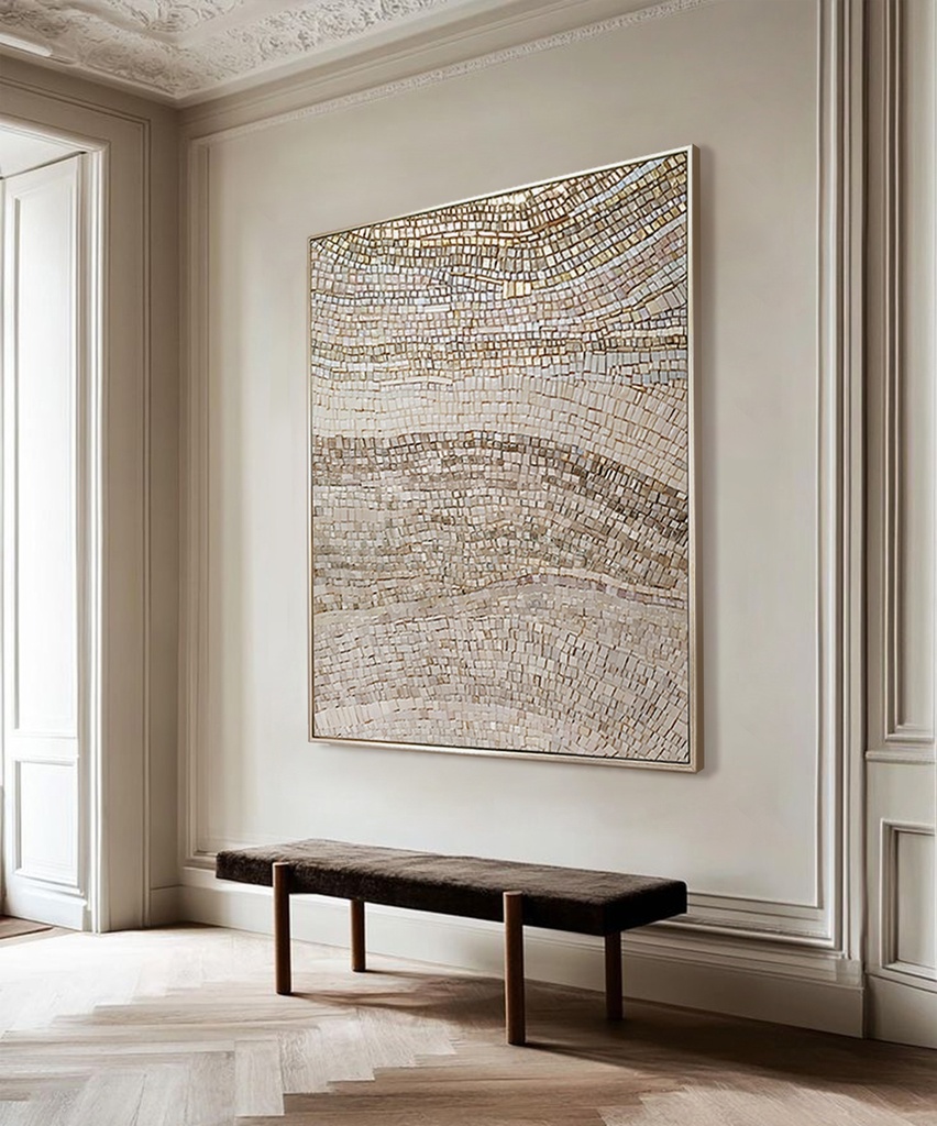 Cream and Gold Mosaic Wall Art – Large Neutral Abstract Canvas