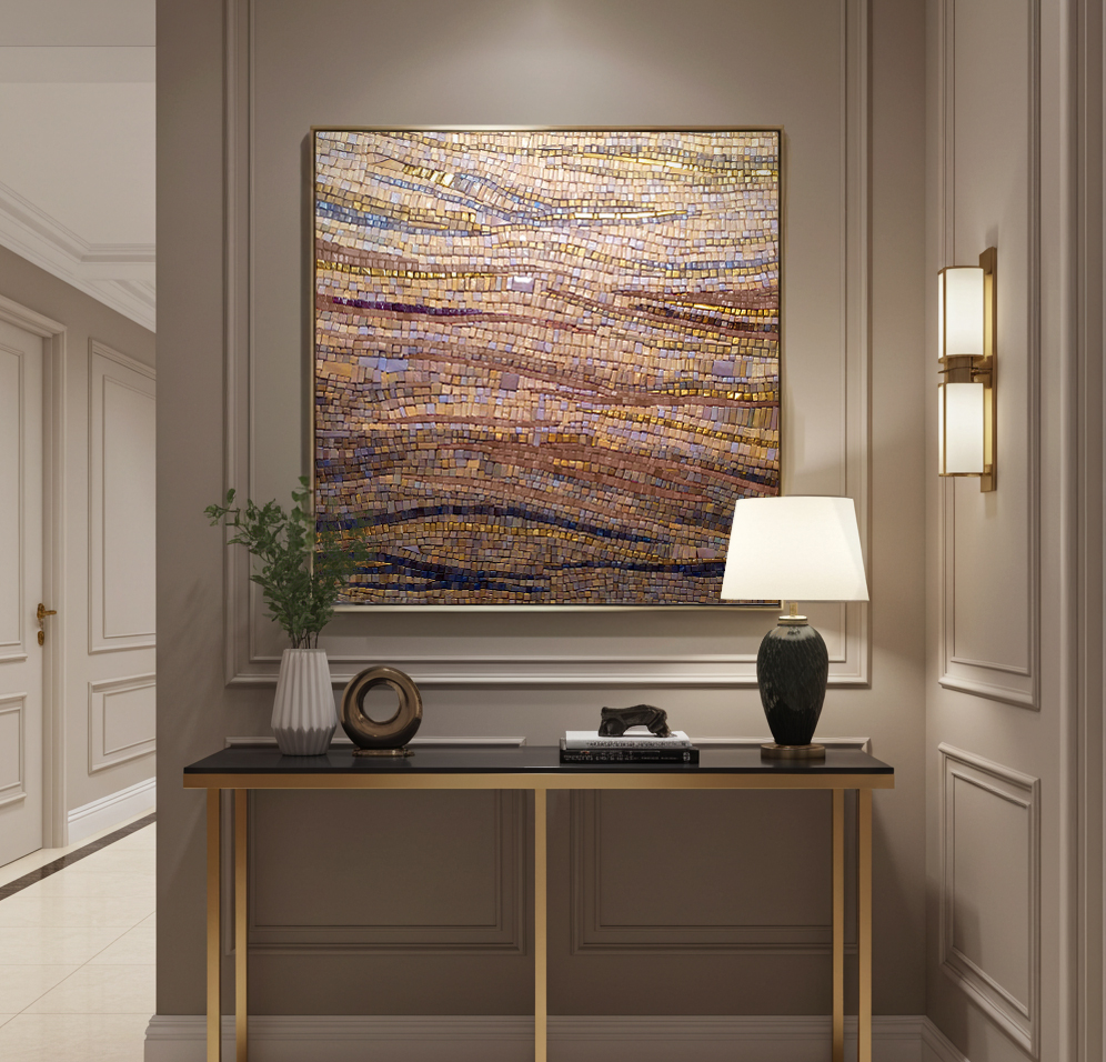 Terracotta and Gold Mosaic Wall Art – Wide Abstract Canvas for Warm Interiors