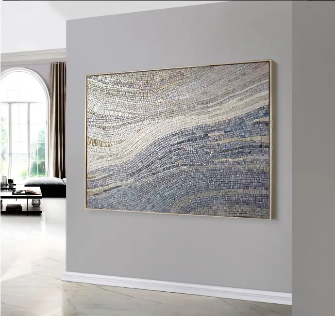 Large Modern Mosaic Wall Art – Wave Abstract Canvas with Grey & Silver (24"x24" (60x60cm), Gold Frame)