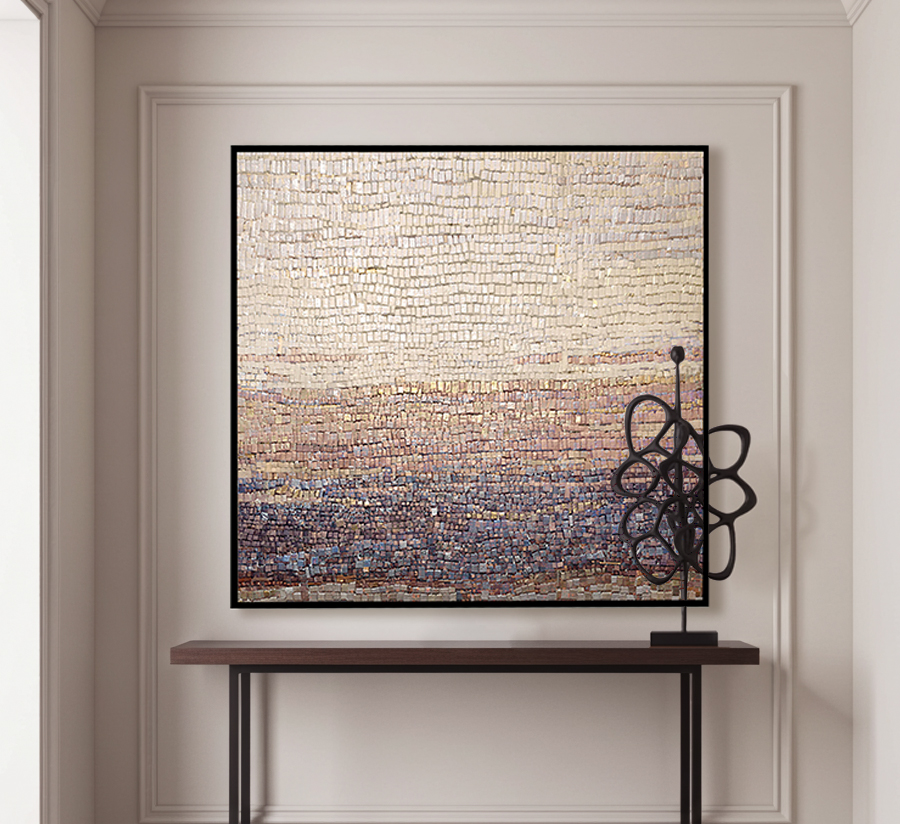 Modern Abstract Landscape Mosaic – Large Pastel Wall Art with Gold (24"x32" (60x80cm), Gold Frame)