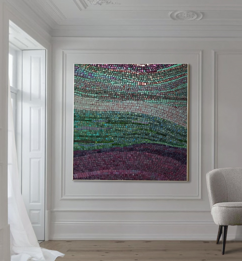 Green and Purple Abstract Mosaic Art | Large Custom Wall Decor (24"x32" (60x80cm), Gold Frame)