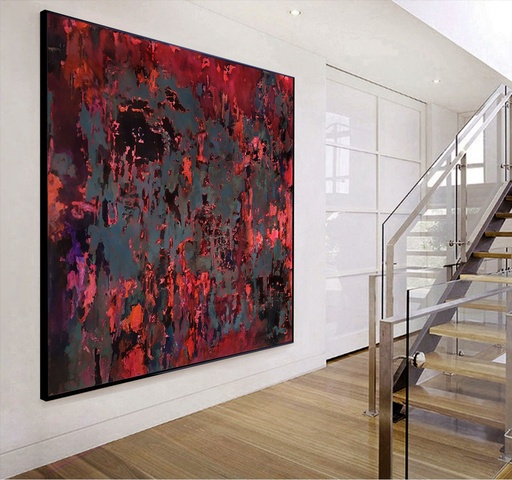 RED and black abstract art, red canvas painting