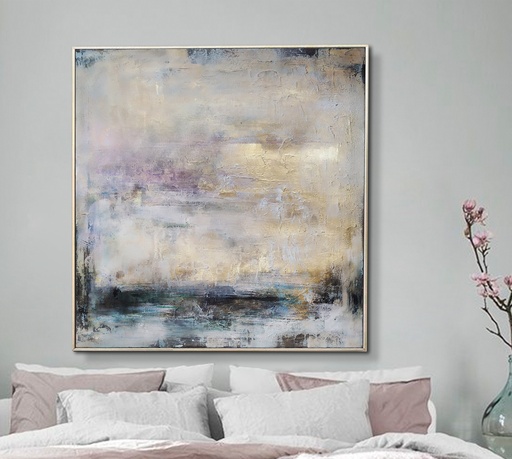 Modern wall art for bedroom, large neutral tones painting with lavender color