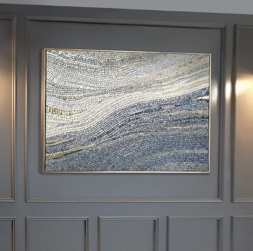 Large Modern Mosaic Wall Art – Wave Abstract Canvas with Grey & Silver