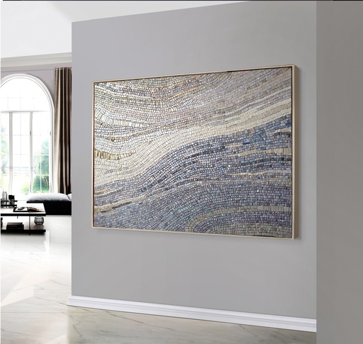 Large Modern Mosaic Wall Art – Wave Abstract Canvas with Grey & Silver