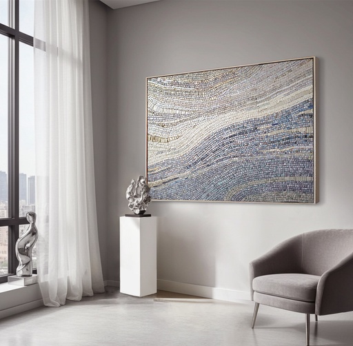 Large Modern Mosaic Wall Art – Wave Abstract Canvas with Grey & Silver