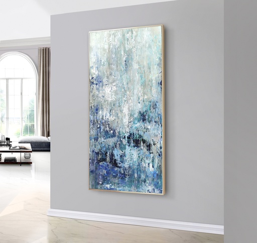 Vertical long framed wall art in blue