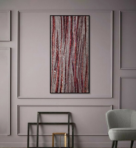 Ruby Red Vertical Mosaic Wall Art on Grey Canvas – Modern Abstract
