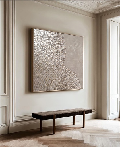 Natural Fan Pattern Mosaic Artwork in Beige with Subtle Gold Accents