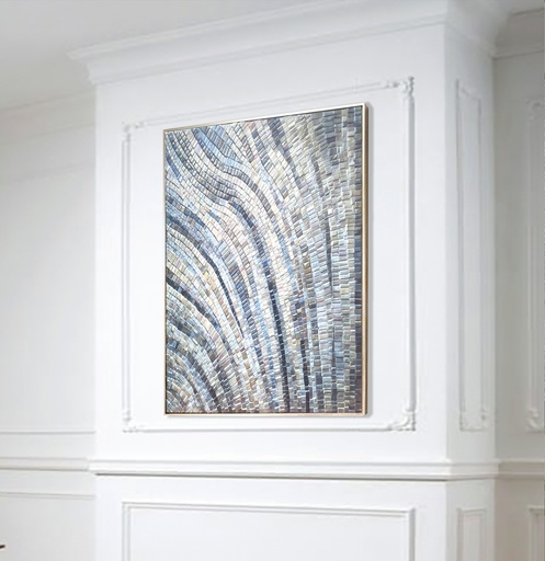 Blue Gray Mosaic Wall Art – Modern Abstract Waves with Metallic Silver Accents