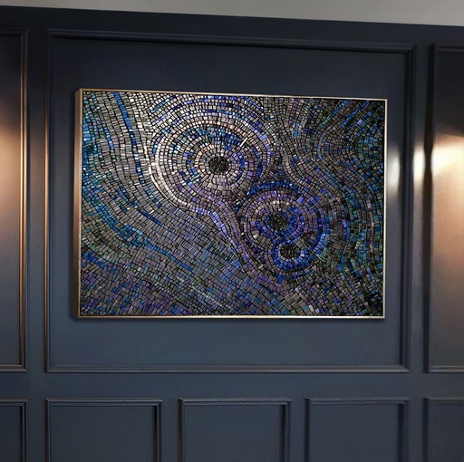 Large Iridescent Indigo Mosaic Wall Art – Abstract Concentric Circles in Peacock Blue and Sapphire Tones