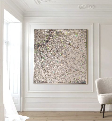 Large Neutral and Gold Mosaic Wall Art – Radiant Sunburst Abstract Design